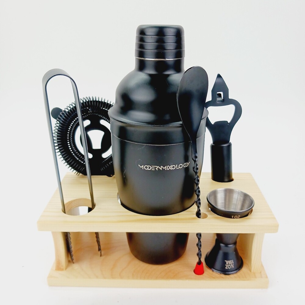 Modern Mixology 6 Piece Black Matte Cocktail Shaker Set with Wood Stand